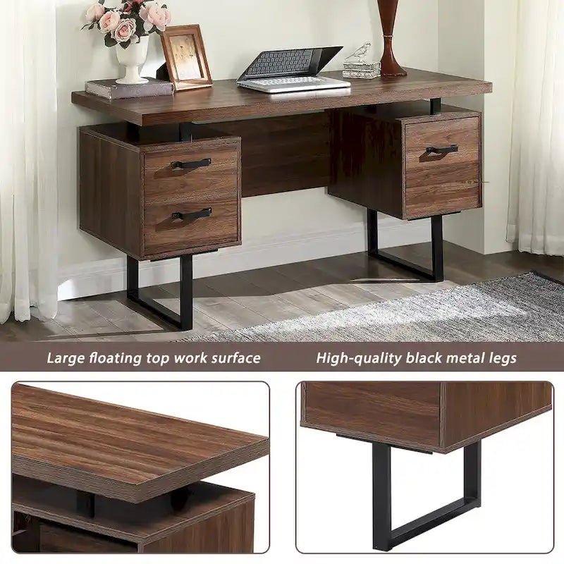 Modern Walnut Desk with 3 Drawers and Hanging File Storage and Waterproof 27 inch Surface for Home Office or Small Workspaces