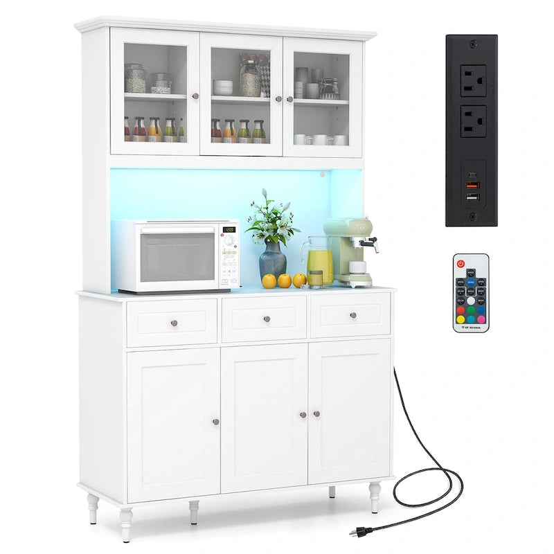 Gymax 77 Tall Kitchen Pantry Storage Cabinet with LED Lights and
