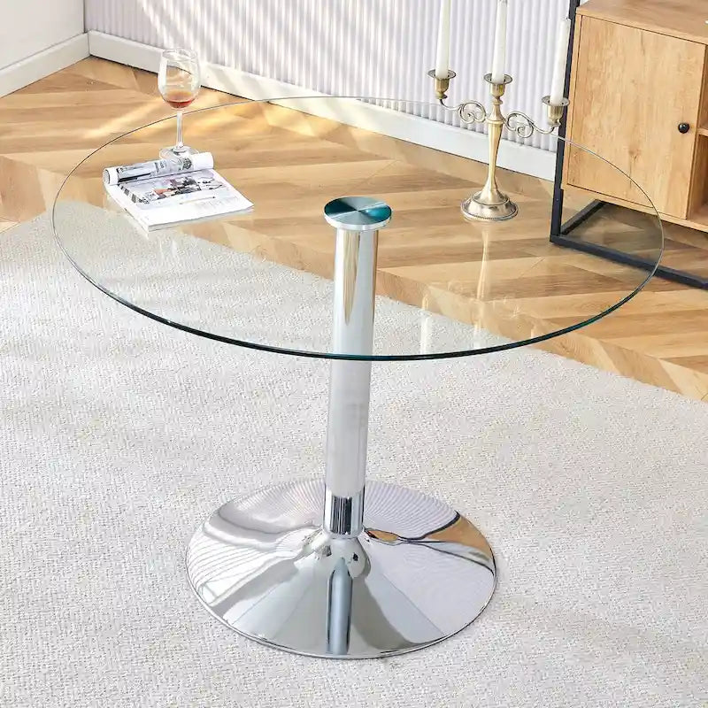 Modern Circular Dining Table with Stylish Glass Top and Sturdy Metal Legs for Various Spaces