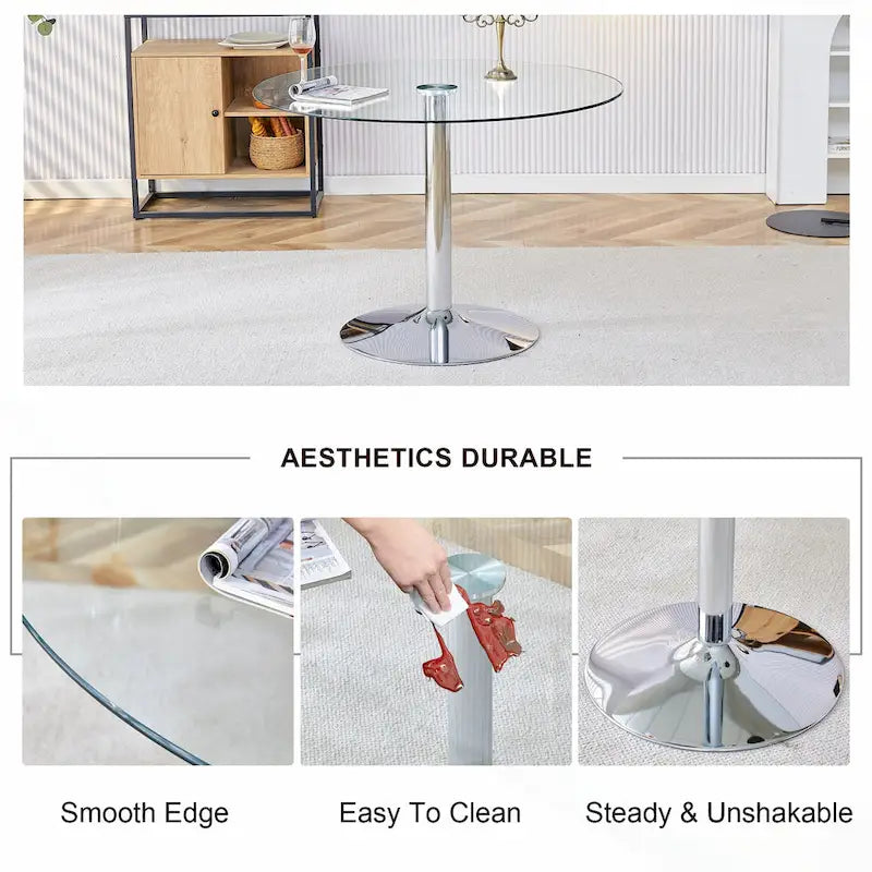 Modern Circular Dining Table with Stylish Glass Top and Sturdy Metal Legs for Various Spaces