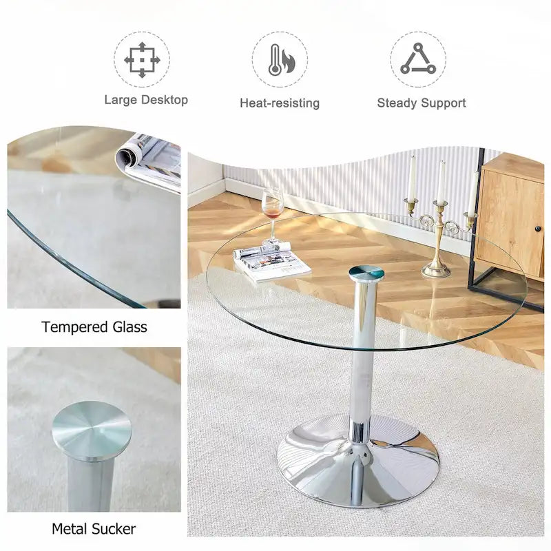 Modern Circular Dining Table with Stylish Glass Top and Sturdy Metal Legs for Various Spaces