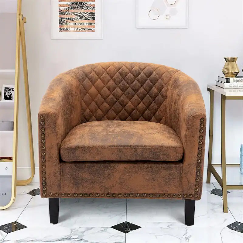 accent Barrel chair living room chair with nailheads and solid wood legs