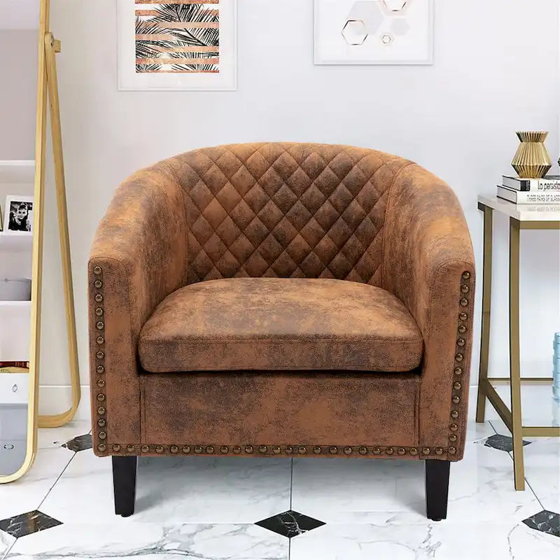 accent Barrel chair living room chair with nailheads and solid wood legs