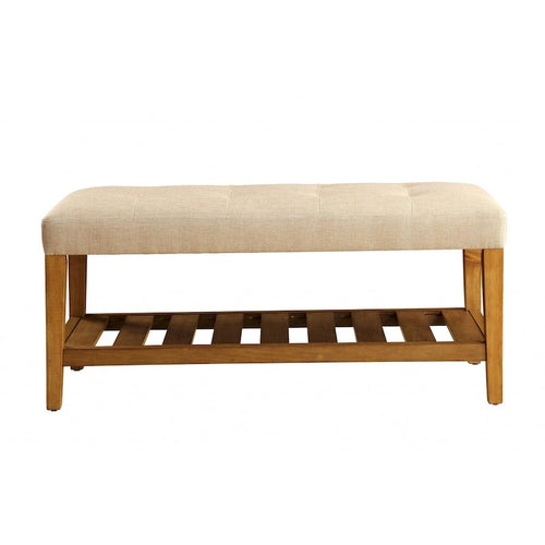 40 Beige and Brown Upholstered Polyester Bench with Shelves