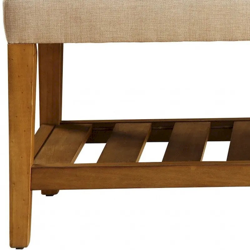 40 Beige and Brown Upholstered Polyester Bench with Shelves