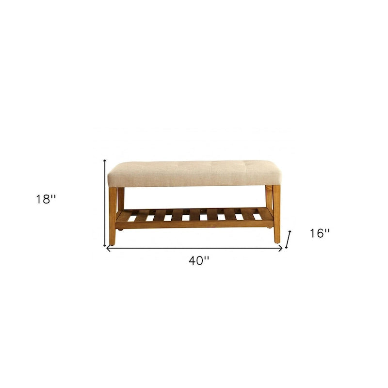 40 Beige and Brown Upholstered Polyester Bench with Shelves