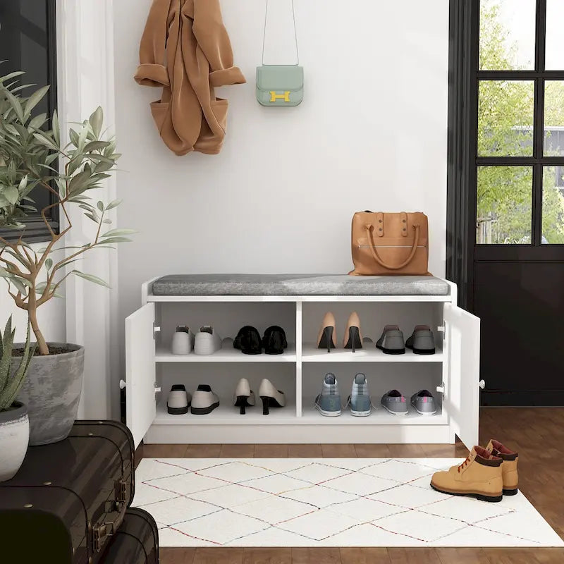 35.8W White Storage Bench with Drawers and Padded Seat Cushion