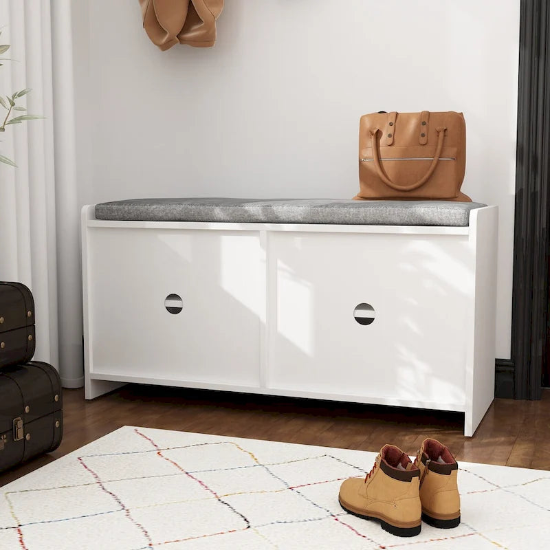 35.8W White Storage Bench with Drawers and Padded Seat Cushion