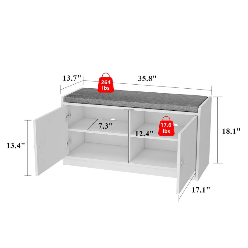 35.8W White Storage Bench with Drawers and Padded Seat Cushion