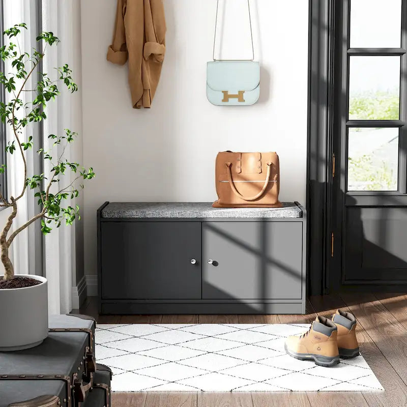 35.8W White Storage Bench with Drawers and Padded Seat Cushion
