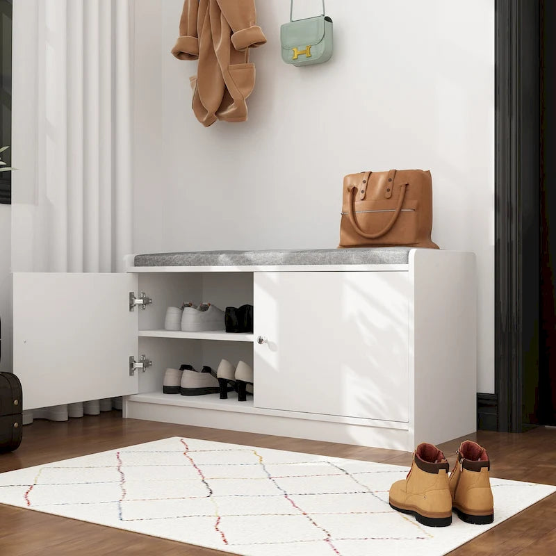 35.8W White Storage Bench with Drawers and Padded Seat Cushion