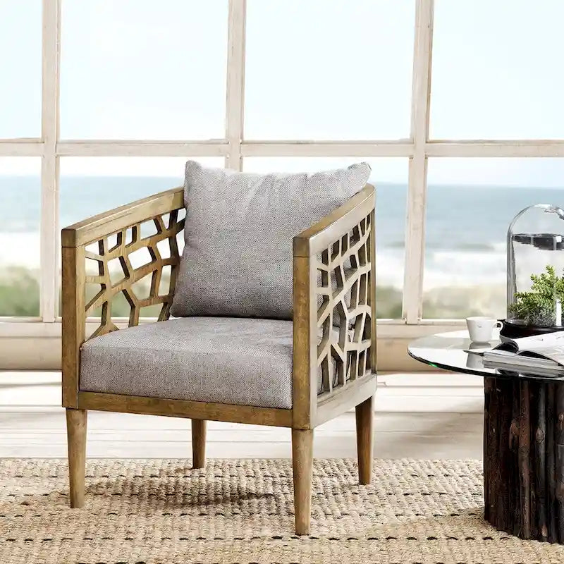 Mid-Century Modern Upholstered Accent Chair with Solid Wood Frame and Oak Finish