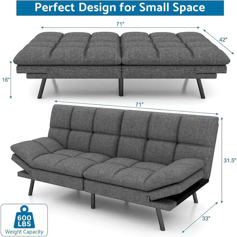 Memory Foam Futon Couch Bed Convertible Sofa with Adjustable Splitback for Compact Living Space