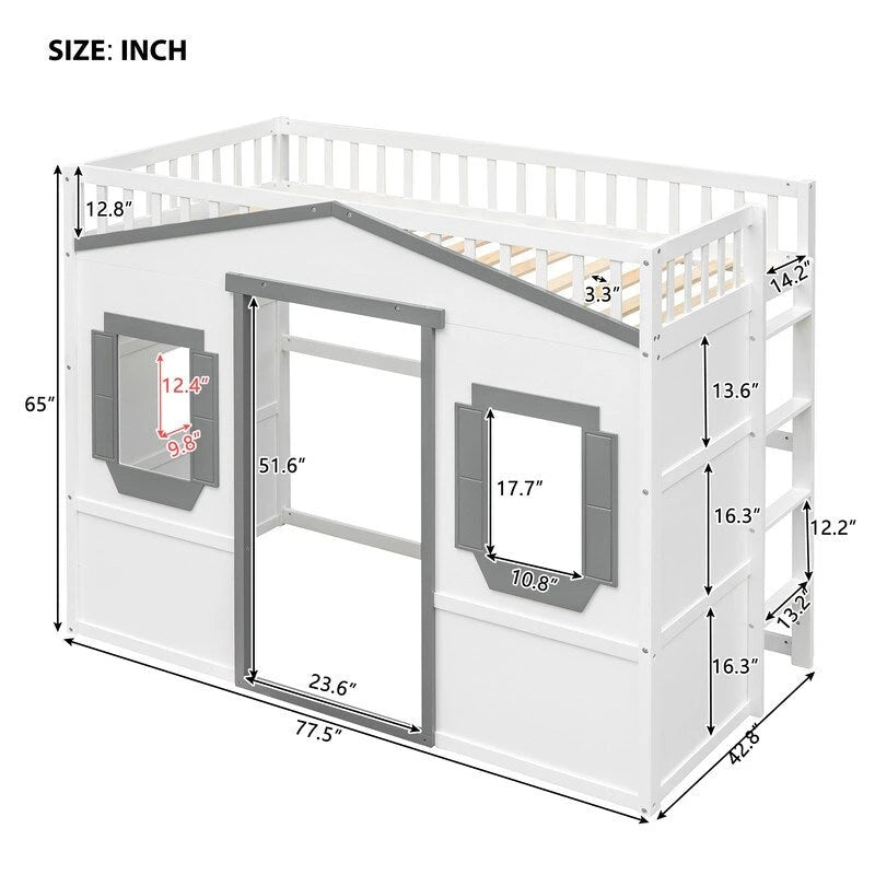 House Loft Bed Twin Kids Playhouse Bed, Solid Wood Loft Bed Frame with Window and Ladder