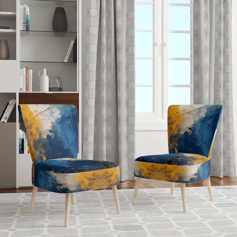 Blue and Yellow Upholstered Abstract Accent Chair and Modern Contemporary Arm Chair