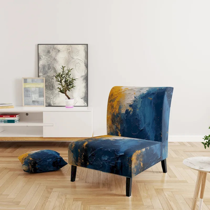 Blue and Yellow Upholstered Abstract Accent Chair and Modern Contemporary Arm Chair