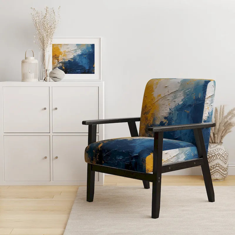 Blue and Yellow Upholstered Abstract Accent Chair and Modern Contemporary Arm Chair