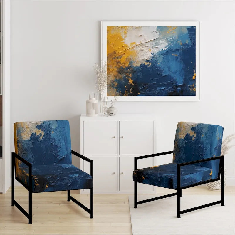 Blue and Yellow Upholstered Abstract Accent Chair and Modern Contemporary Arm Chair