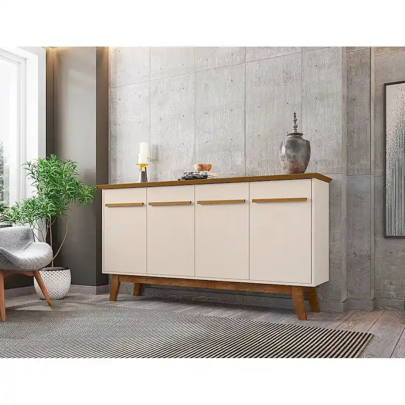 62.99 Sideboard with Solid Wood Legs and 2 Cabinets in Off White and Cinnamon