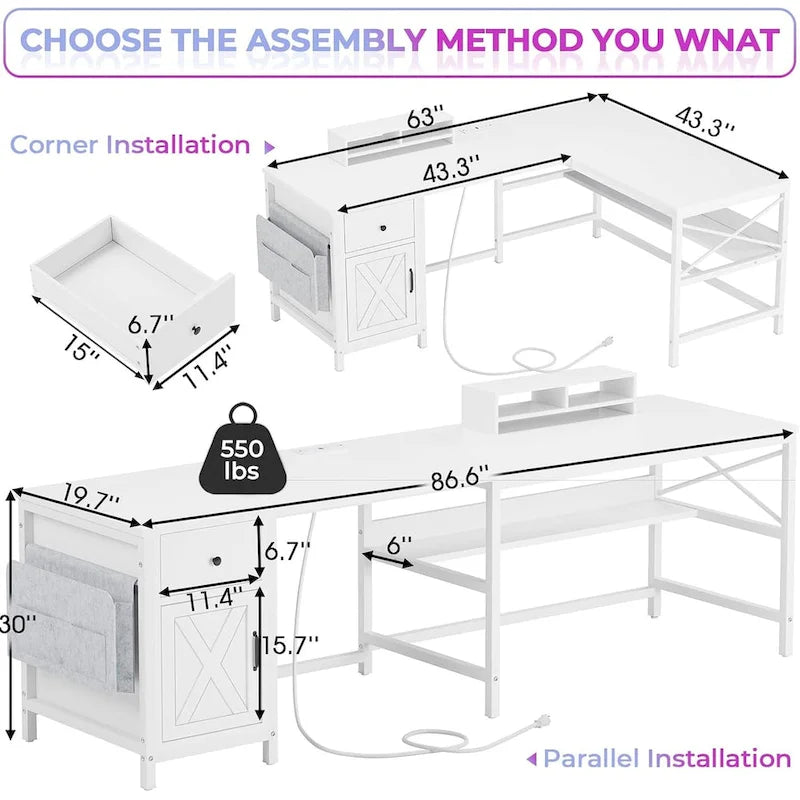 L Shaped Computer Desk Drawer Power Strip Storage Cabinet Storage Bag