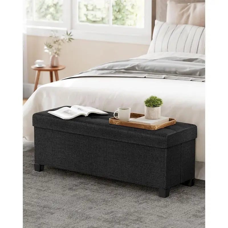 Fabric Upholstered 43 Wide Small Storage Ottoman with Wooden Legs and Tufted Lid