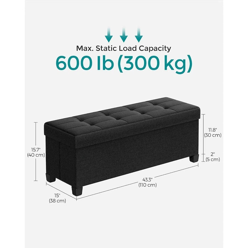 Fabric Upholstered 43 Wide Small Storage Ottoman with Wooden Legs and Tufted Lid
