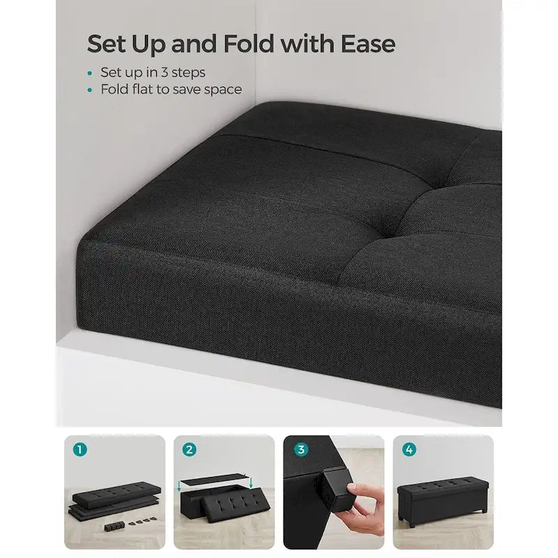 Fabric Upholstered 43 Wide Small Storage Ottoman with Wooden Legs and Tufted Lid