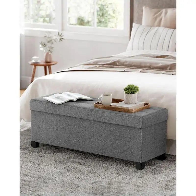 Fabric Upholstered 43 Wide Small Storage Ottoman with Wooden Legs and Tufted Lid