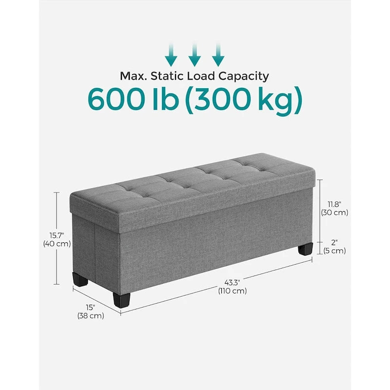 Fabric Upholstered 43 Wide Small Storage Ottoman with Wooden Legs and Tufted Lid