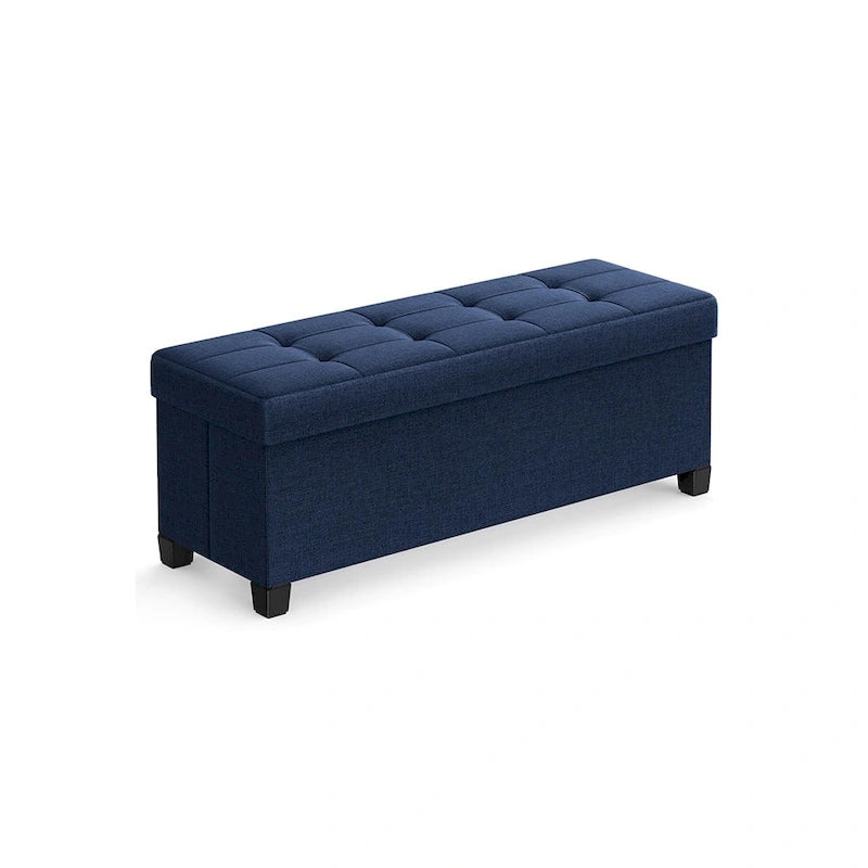 Fabric Upholstered 43 Wide Small Storage Ottoman with Wooden Legs and Tufted Lid
