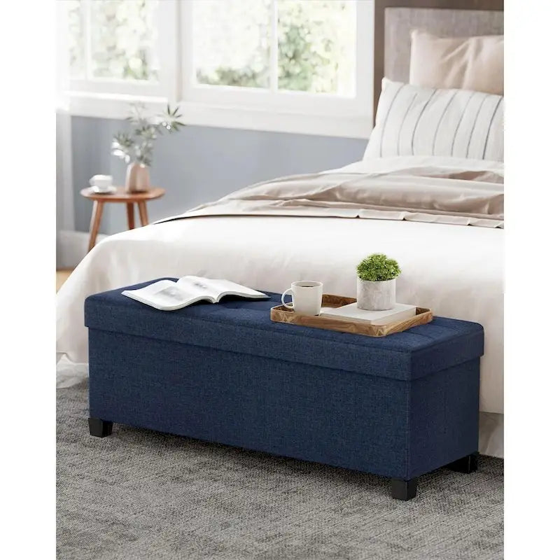 Fabric Upholstered 43 Wide Small Storage Ottoman with Wooden Legs and Tufted Lid