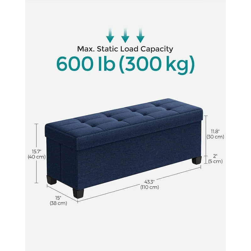 Fabric Upholstered 43 Wide Small Storage Ottoman with Wooden Legs and Tufted Lid