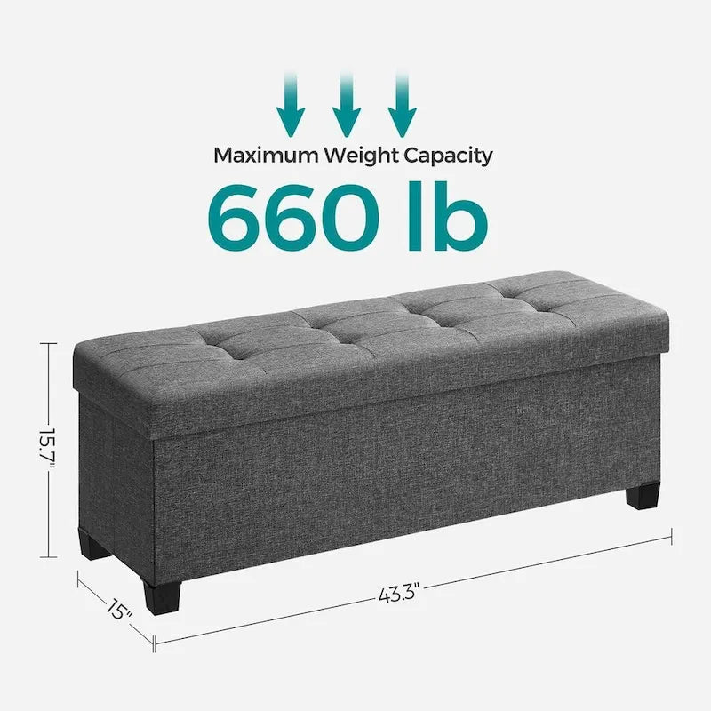 Fabric Upholstered 43 Wide Small Storage Ottoman with Wooden Legs and Tufted Lid