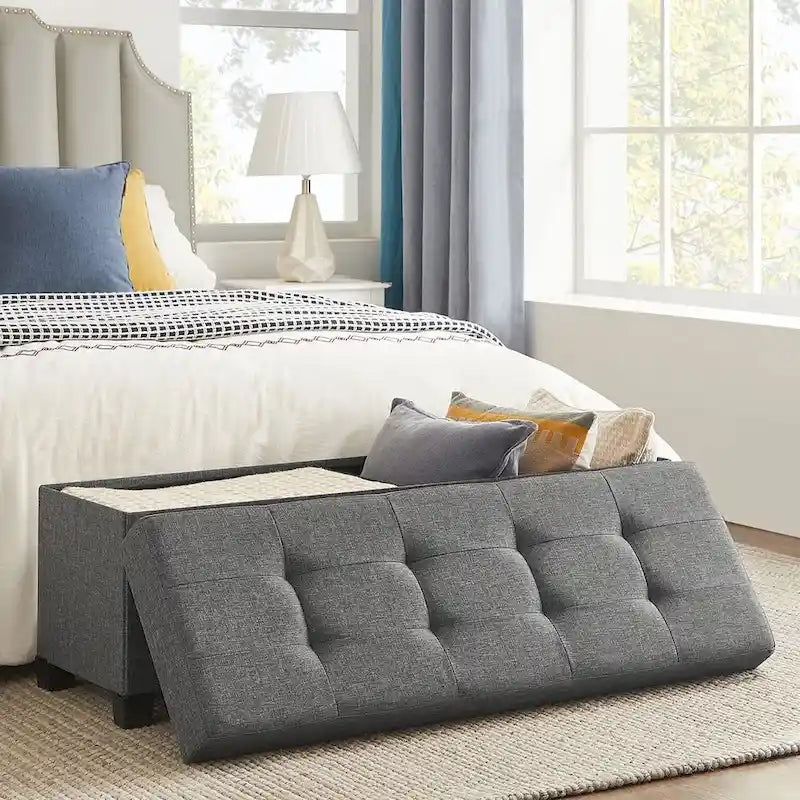 Fabric Upholstered 43 Wide Small Storage Ottoman with Wooden Legs and Tufted Lid