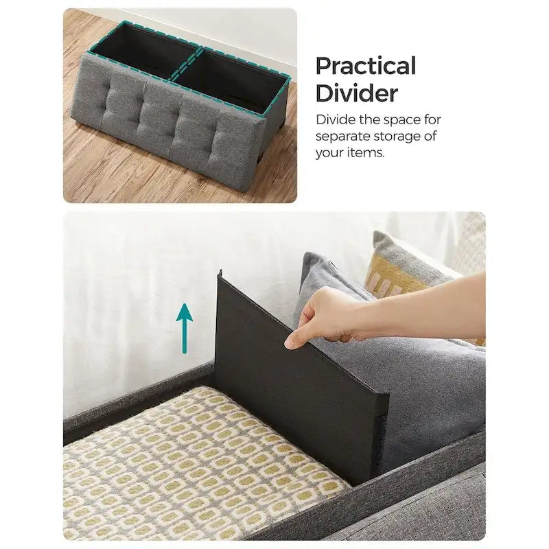 Fabric Upholstered 43 Wide Small Storage Ottoman with Wooden Legs and Tufted Lid