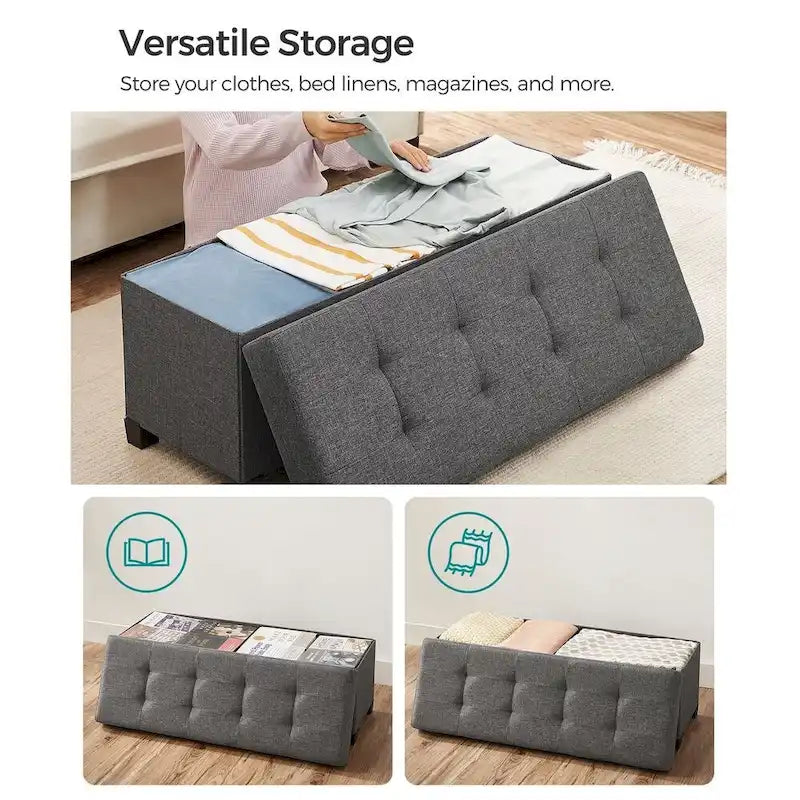 Fabric Upholstered 43 Wide Small Storage Ottoman with Wooden Legs and Tufted Lid