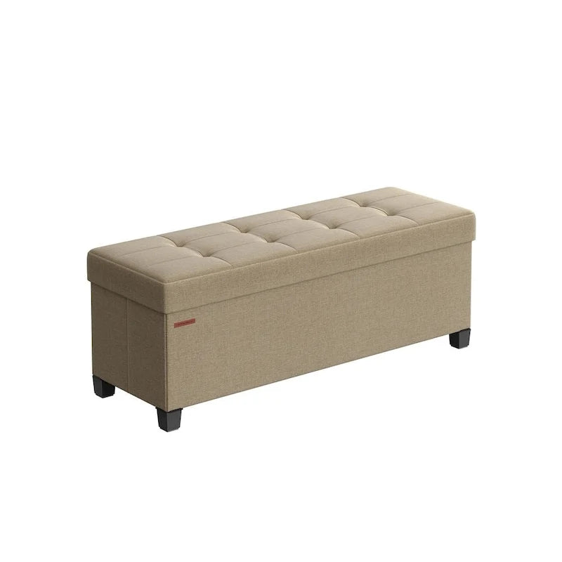 Fabric Upholstered 43 Wide Small Storage Ottoman with Wooden Legs and Tufted Lid