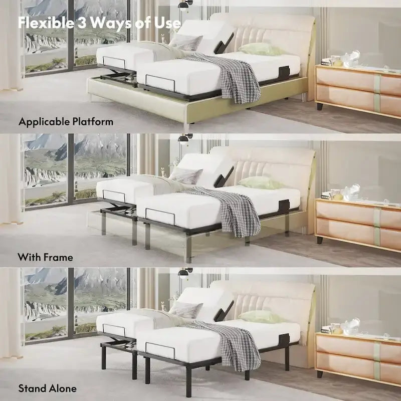 Twin XL/Queen/Split King Size Adjustable Bed Frame, Zero Clearance, Zero Gravity, Mattress Holder