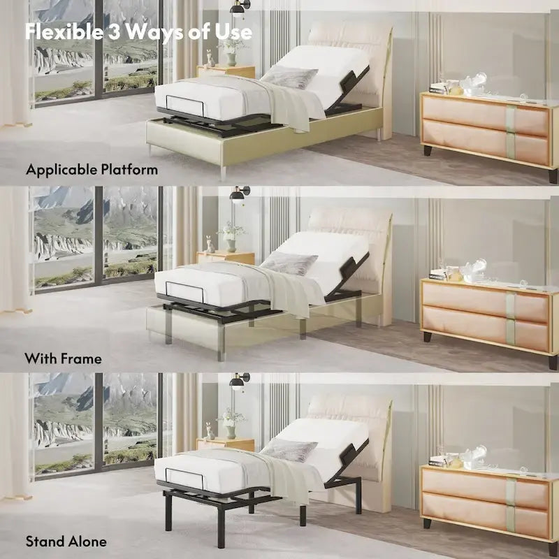 Twin XL/Queen/Split King Size Adjustable Bed Frame, Zero Clearance, Zero Gravity, Mattress Holder