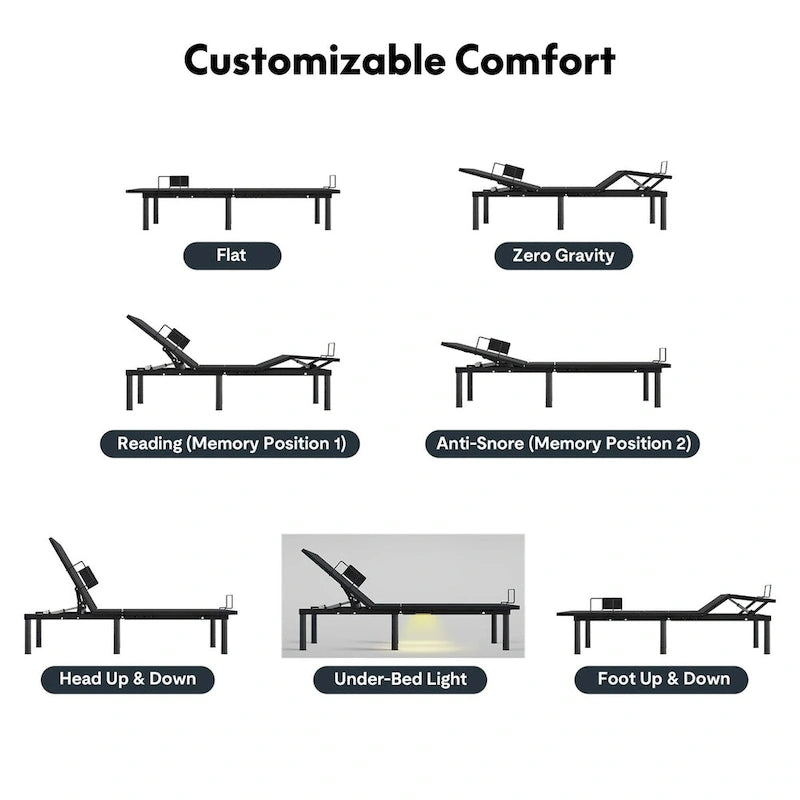 Twin XL/Queen/Split King Size Adjustable Bed Frame, Zero Clearance, Zero Gravity, Mattress Holder