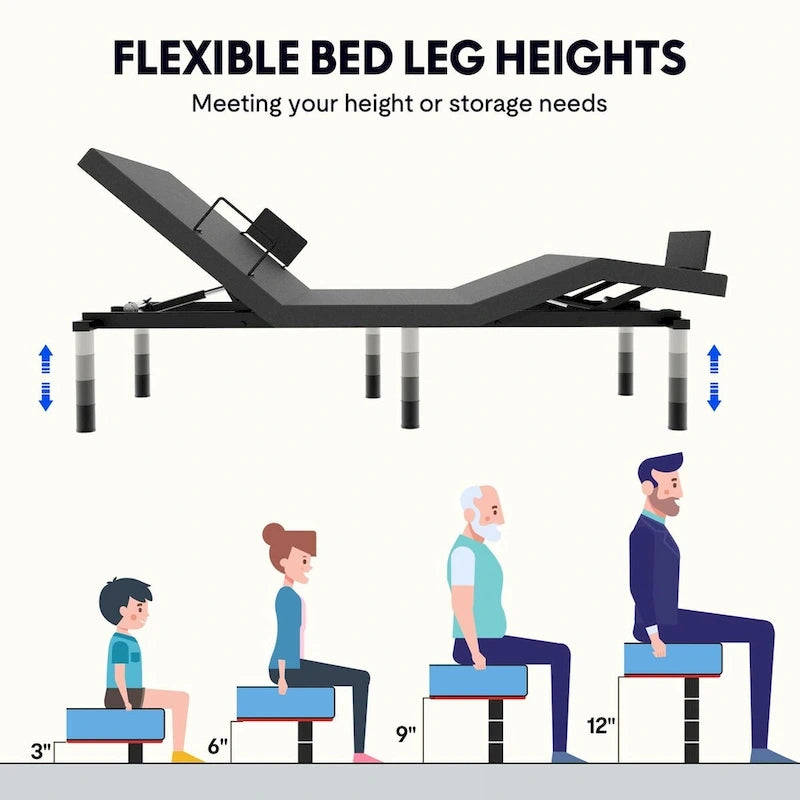 Twin XL/Queen/Split King Size Adjustable Bed Frame, Zero Clearance, Zero Gravity, Mattress Holder