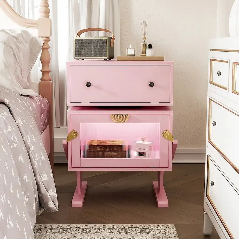 Nightstand with Rotating Drawer and LED Light Strip