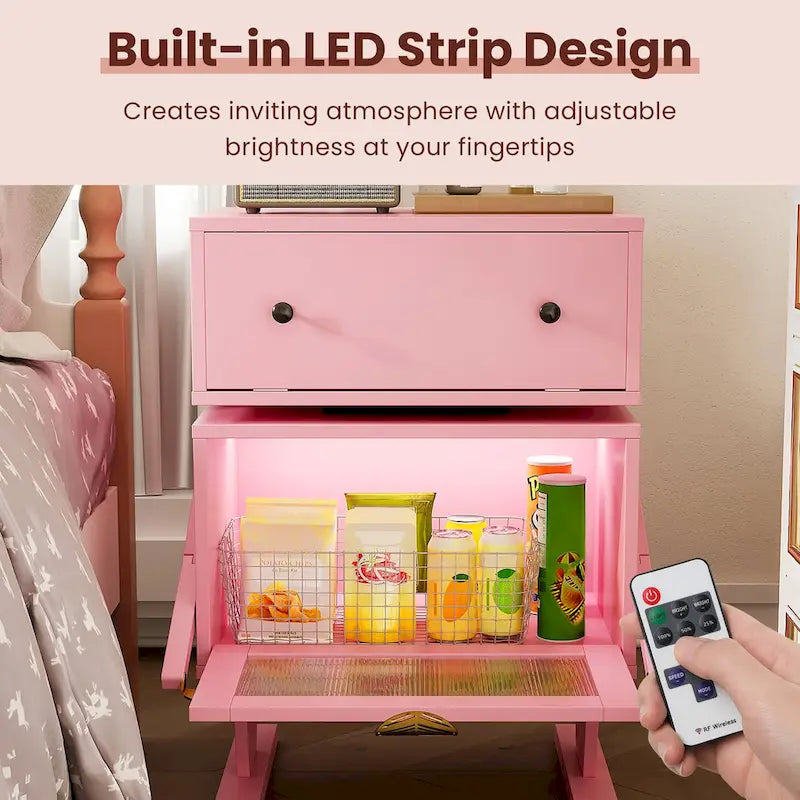 Nightstand with Rotating Drawer and LED Light Strip