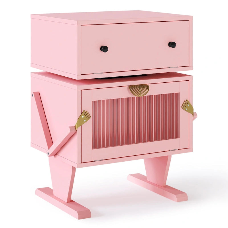 Nightstand with Rotating Drawer and LED Light Strip