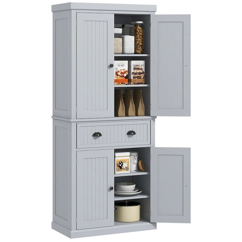 72 Kitchen Pantry Storage Cabinet, Traditional Freestanding Cabinet with 4 Doors and 3 Adjustable Shelves, Large Central Drawer