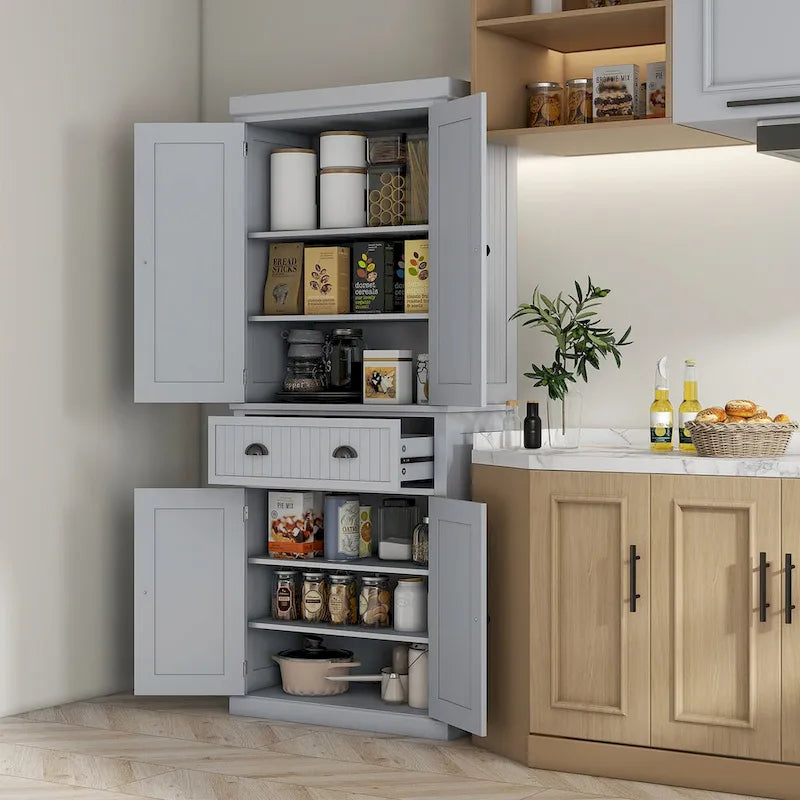 72 Kitchen Pantry Storage Cabinet, Traditional Freestanding Cabinet with 4 Doors and 3 Adjustable Shelves, Large Central Drawer