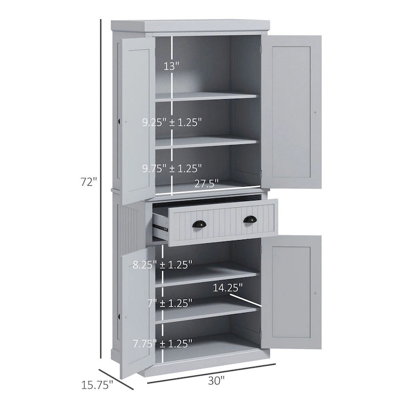 72 Kitchen Pantry Storage Cabinet, Traditional Freestanding Cabinet with 4 Doors and 3 Adjustable Shelves, Large Central Drawer