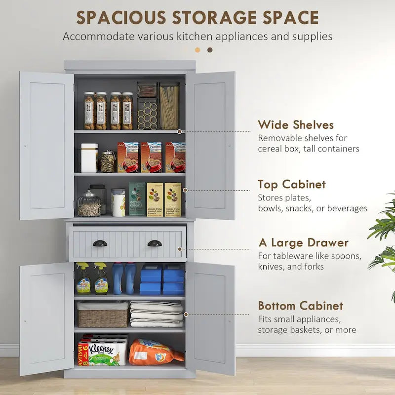72 Kitchen Pantry Storage Cabinet, Traditional Freestanding Cabinet with 4 Doors and 3 Adjustable Shelves, Large Central Drawer