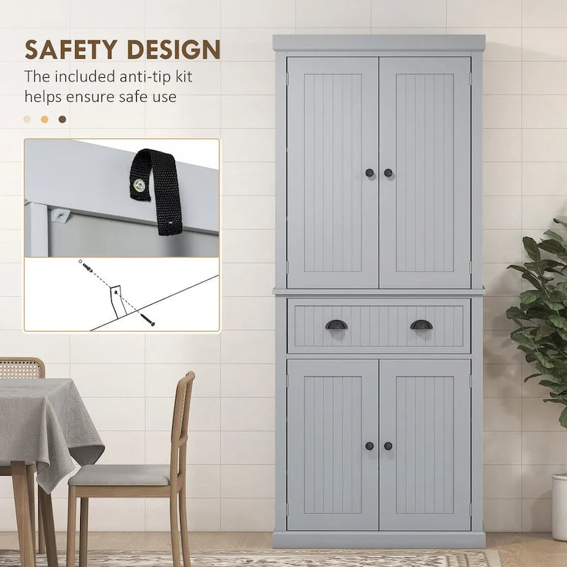 72 Kitchen Pantry Storage Cabinet, Traditional Freestanding Cabinet with 4 Doors and 3 Adjustable Shelves, Large Central Drawer