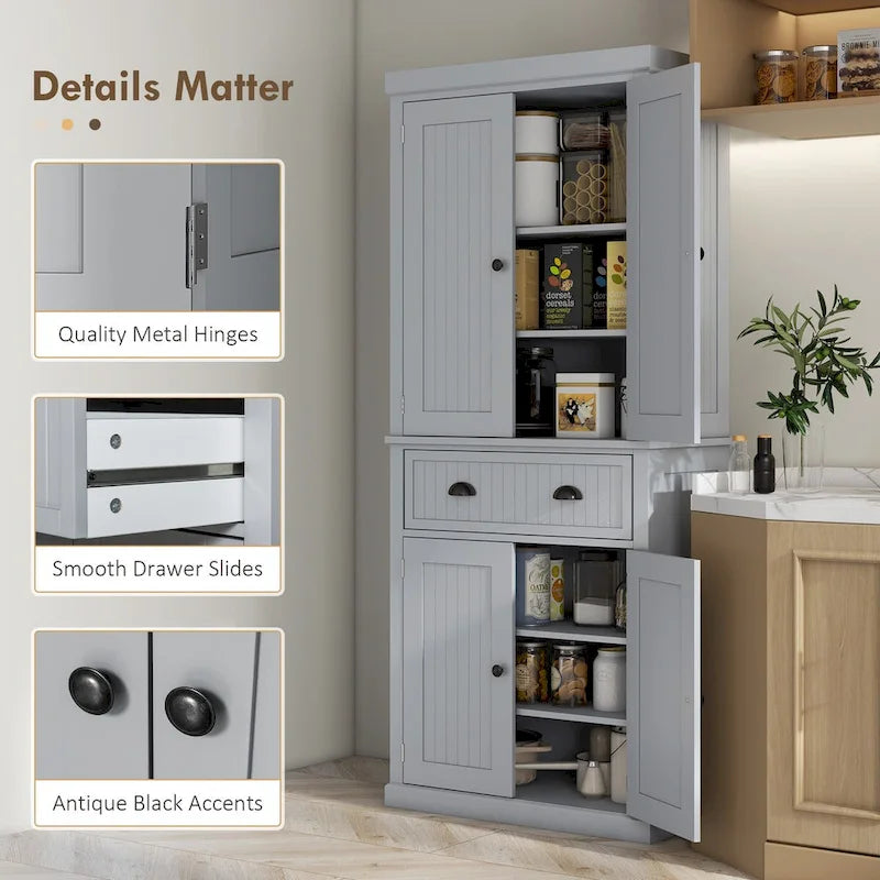72 Kitchen Pantry Storage Cabinet, Traditional Freestanding Cabinet with 4 Doors and 3 Adjustable Shelves, Large Central Drawer